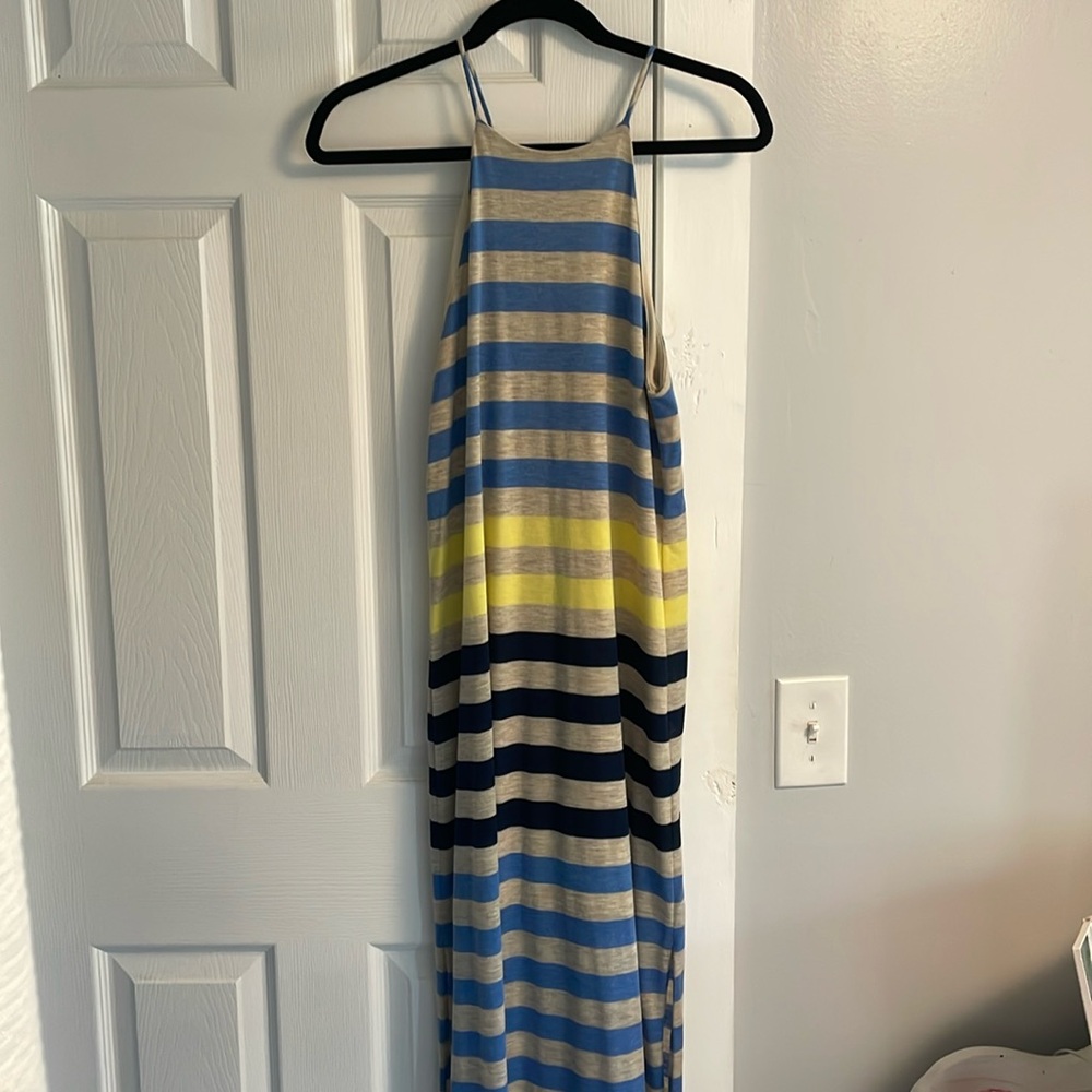 High neck blue and yellow striped racer back maxi dress
